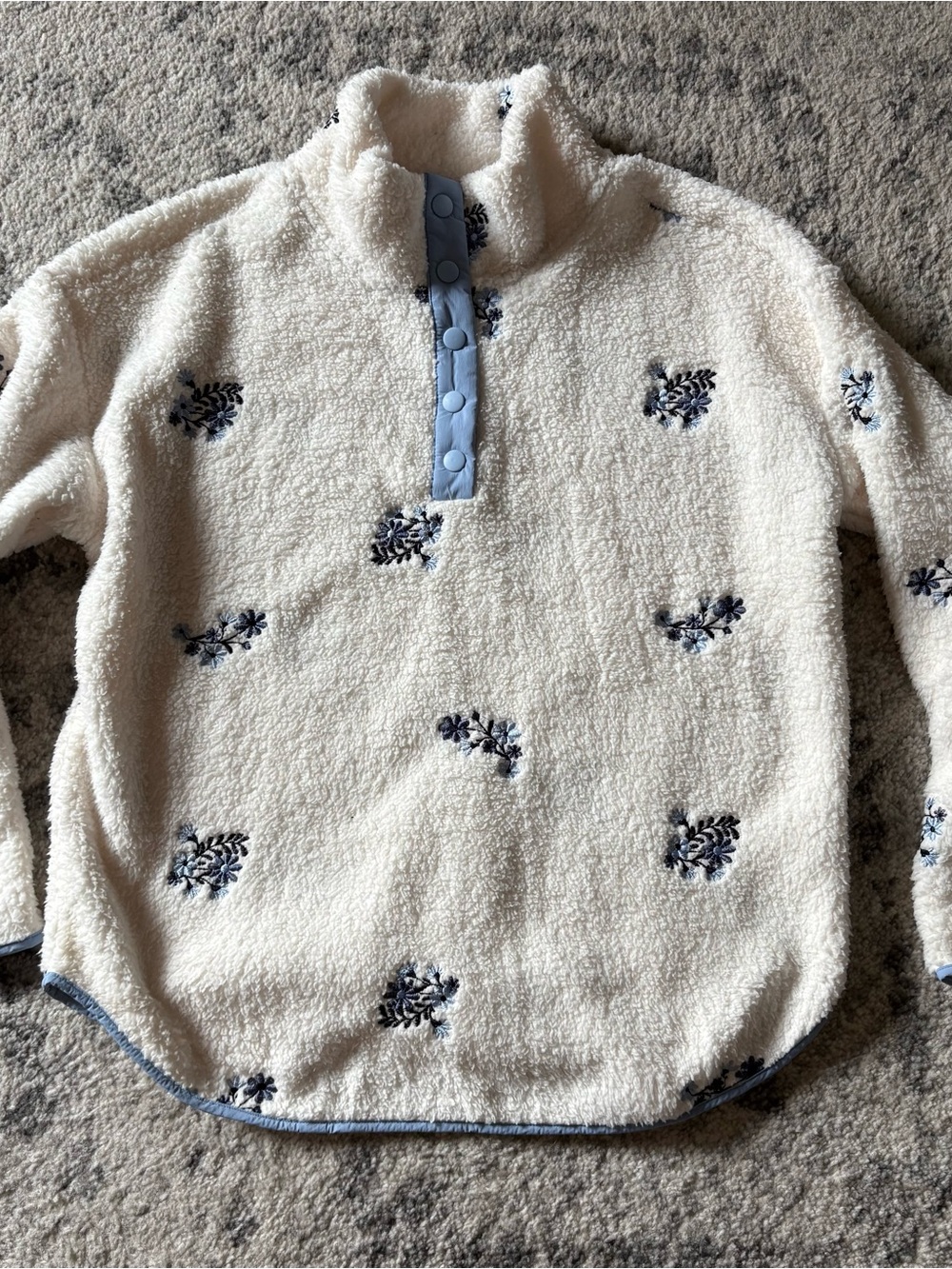 Cream Sherpa Pullover Hoodie with Navy Floral Embroidery